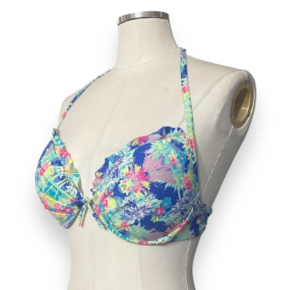 VICTORIA’S SECRET Multi-Color Neon Push-Up Halter Bikini Top 36C Ruffle Edge